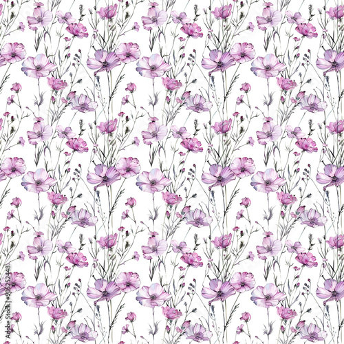 Watercolor ink botanical art, summer pink flowers on the white background