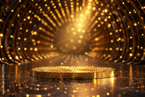 Golden Podium with Dramatic Lighting Effects and a Circular Patterned Background for a Commanding Stage Presence