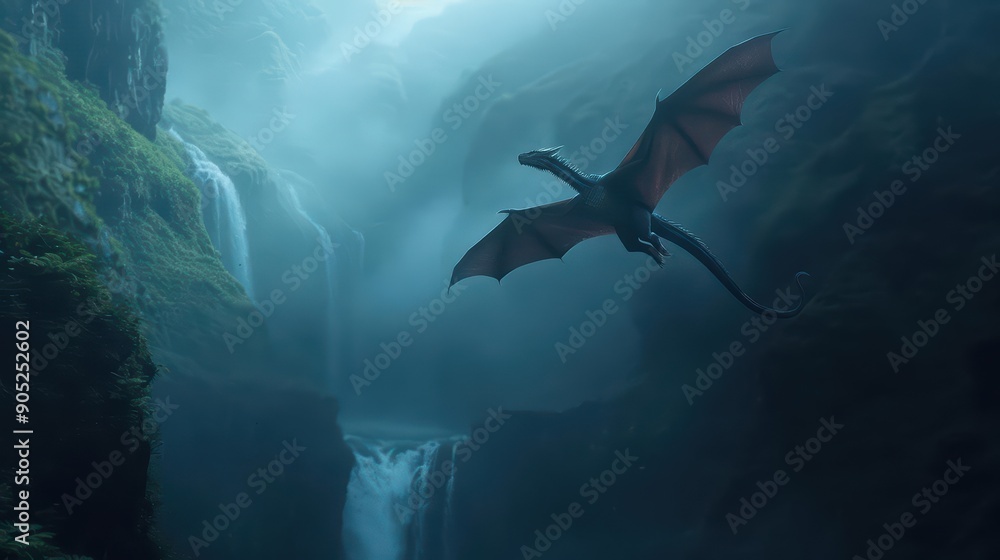 Fototapeta premium A mystical dragon soaring over a crystalclear waterfall with sunlight filtering through, illustrating a captivating and adventurous fantasy view, mythical, banner, with copy space