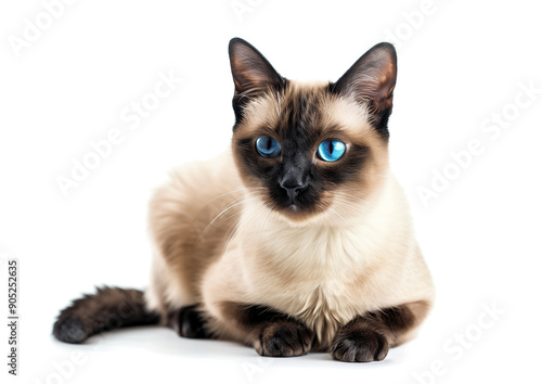 Siamese cat with blue eyes on white background