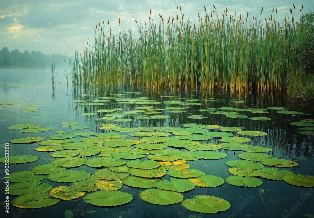 A serene lake scene with vibrant green lily pads and tall reeds swaying gently in the water, creating a tranquil and textured landscape A serene lake scene with vibrant green lily pads and tall reeds swaying gently in the water, creating a tranquil and textured landscape