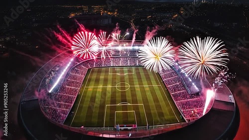 Aerial view of football stadium in the evening, fireworks, festive atmosphere. Football arena with people, city, championship, live broadcast of TV channel, broadcast of the match