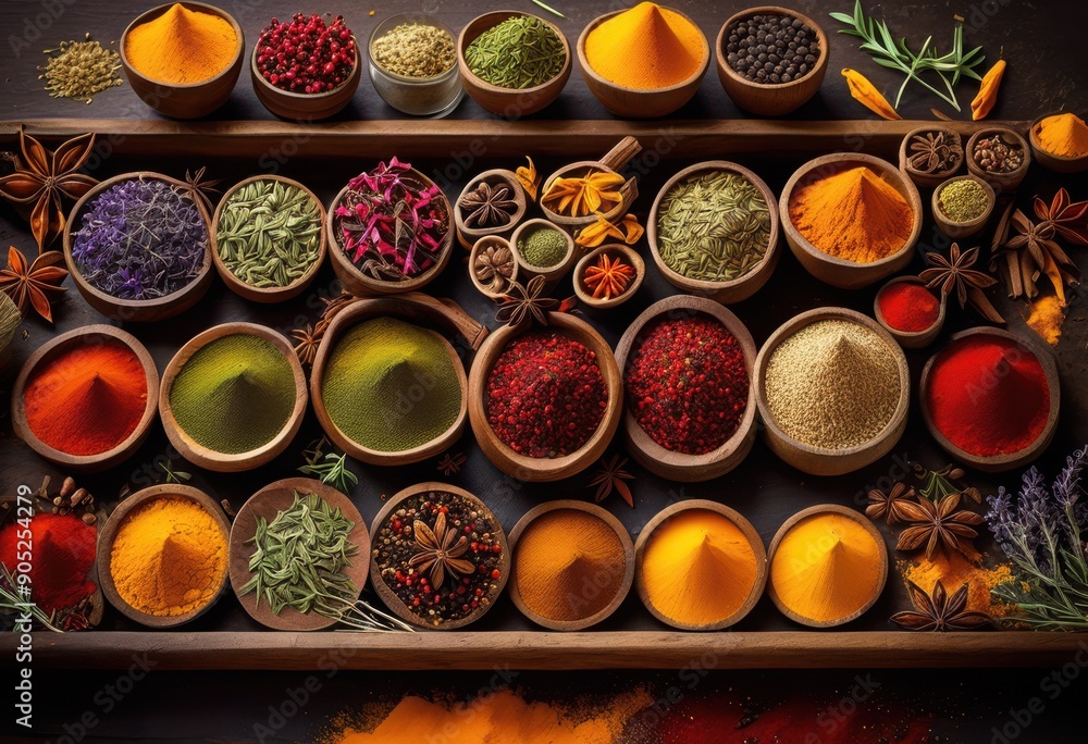 vibrant display rare spices herbs showcasing rich unique diverse varieties eye catching arrangement, color, texture, variety, aroma, freshness, exotic vibrant display rare spices herbs showcasing rich unique diverse varieties eye catching arrangement, color, texture, variety, aroma, freshness, exotic
