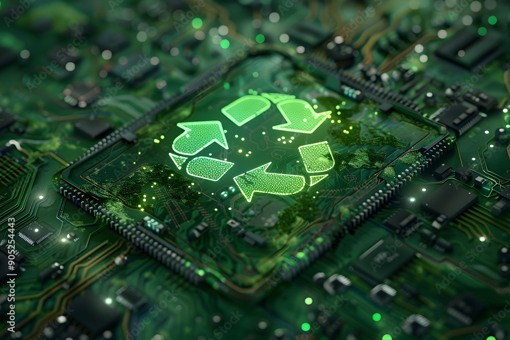 recycling symbol on an electronic circuit board, representing eco-friendly technology and sustainability recycling symbol on an electronic circuit board, representing eco-friendly technology and sustainability