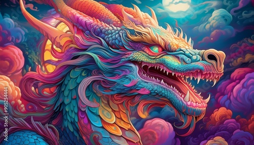 Wallpaper Mural Psychadelic theme Dragon. Chinese New Year symbol. Spirit Animal Totem Torontodigital.ca