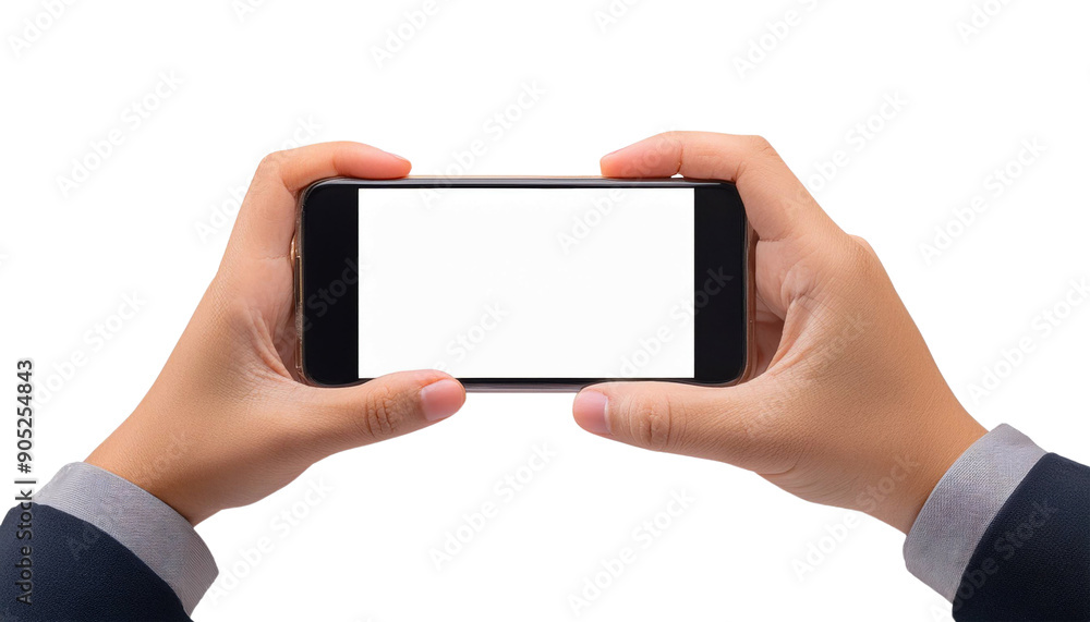 two hands holding a smartphone horizontally with a blank white screen. The image is perfect for concepts related to technology, mobile devices, apps, and digital communication two hands holding a smartphone horizontally with a blank white screen. The image is perfect for concepts related to technology, mobile devices, apps, and digital communication