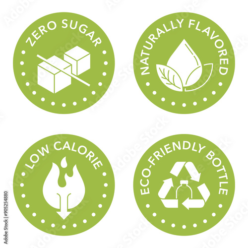 Drink icons set, circular - 0 sugar, Naturally flavored, Low-calorie, Eco-friendly bottle