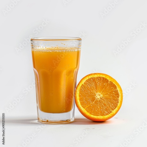 Medium shot of Glass of orange juice near the orange, isolated on a white background, 