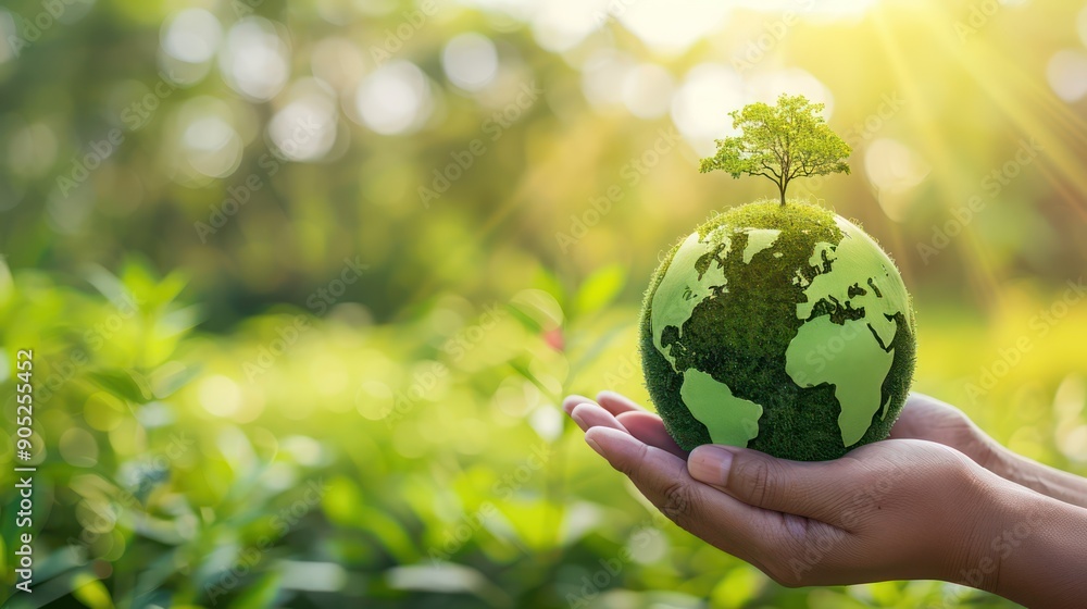Hands holding green Earth globe with tree growing on top, concept of environmental conservation, sustainability, and saving the planet. Hands holding green Earth globe with tree growing on top, concept of environmental conservation, sustainability, and saving the planet.
