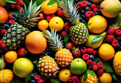 vibrant colorful display fresh fruits innovative arrangement showcasing bounty variety, apple, banana, orange, grape, kiwi, mango, pineapple, berry © Yaroslava