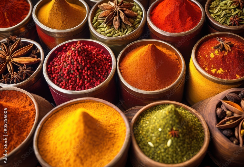 vibrant display exotic spices showcasing colorful array unique textures aromas perfect culinary inspiration, arrangement, herb, powder, jar, container, table vibrant display exotic spices showcasing colorful array unique textures aromas perfect culinary inspiration, arrangement, herb, powder, jar, container, table