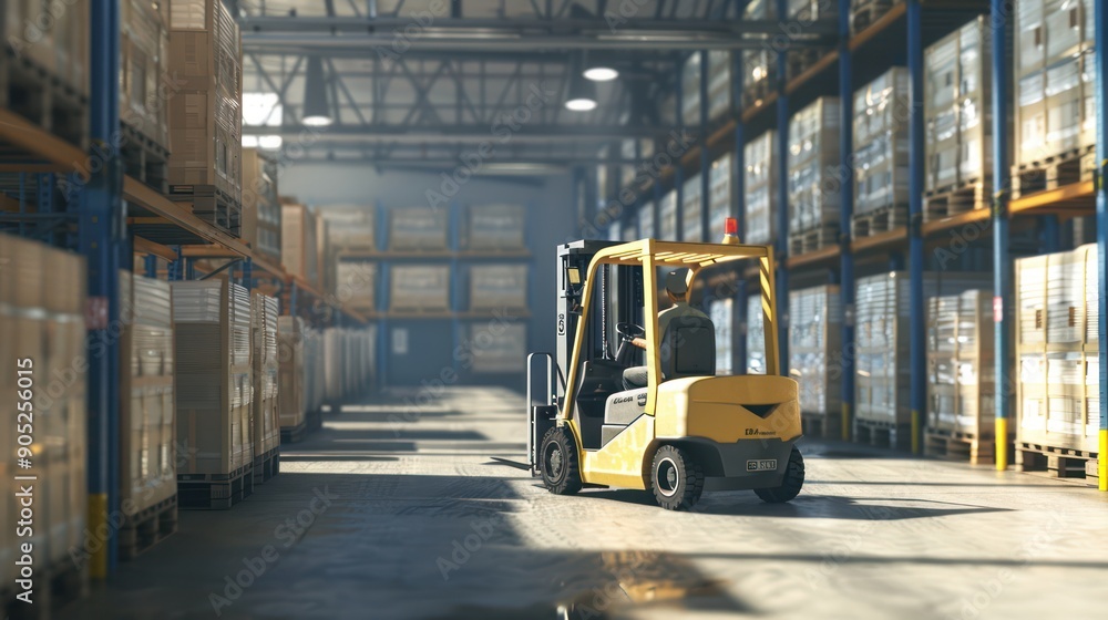 Fototapeta premium Forklift in a large industrial warehouse with rows of shelves full of boxes. Concepts. distribution, logistics, supply chain, manufacturing, storage, industry