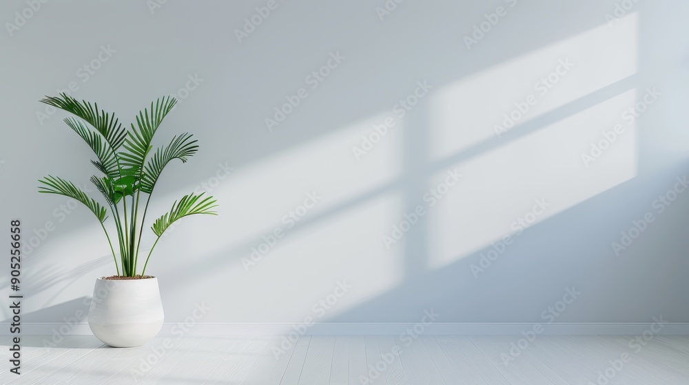 A white vase with a plant in it sits in a room with a white wall A white vase with a plant in it sits in a room with a white wall