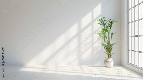 A white room with a large window and a potted plant