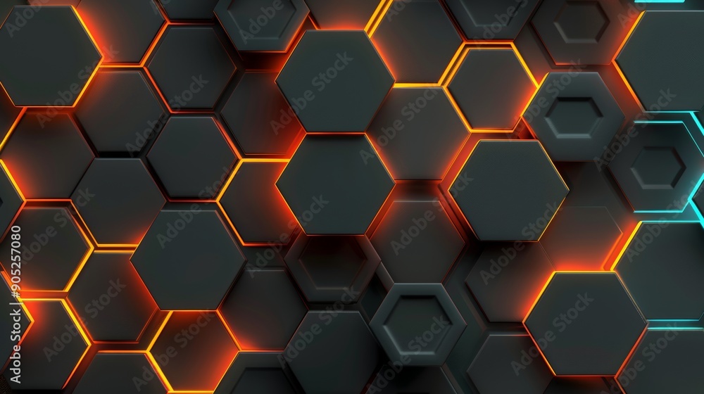 Dynamic Hexagonal Pattern designed with Bright Orange and Blue Accents, Creating a Glowing Effect Dynamic Hexagonal Pattern designed with Bright Orange and Blue Accents, Creating a Glowing Effect