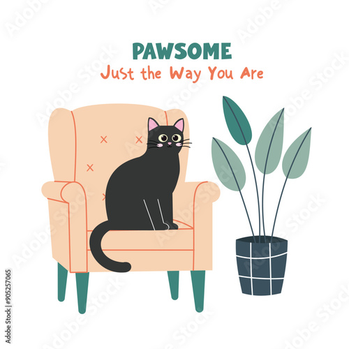 Pawsome just the way you are saying with a black cat sitting on the cozy couch illustration vector