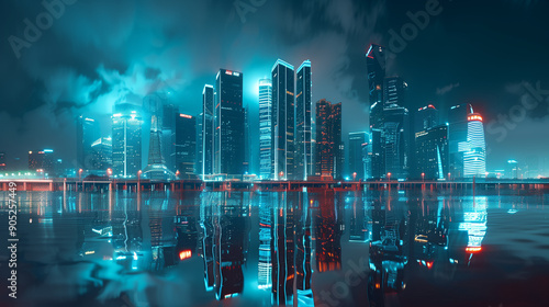 Night city panorama, cinematic, hyperrealistic