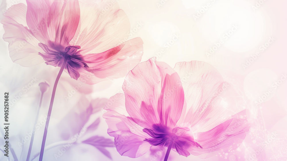 Fototapeta premium Flower backdrop with delicate pink flowers in soft focus with pastel background, evoking sense of serenity and elegance. Concept of natural beauty, tranquility and gentle floral aesthetics. Copy space