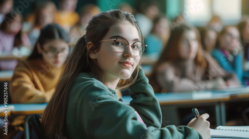 Photo of high school student, teenage girl studying in college with classmates. photo