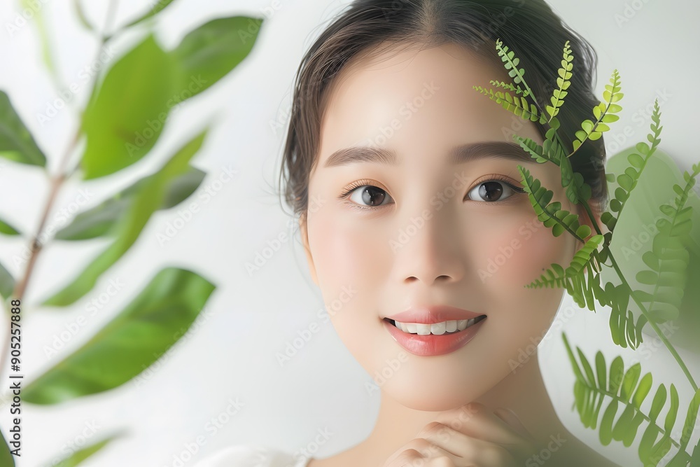 Smiling Asian Woman with Green Leaves Smiling Asian Woman with Green Leaves