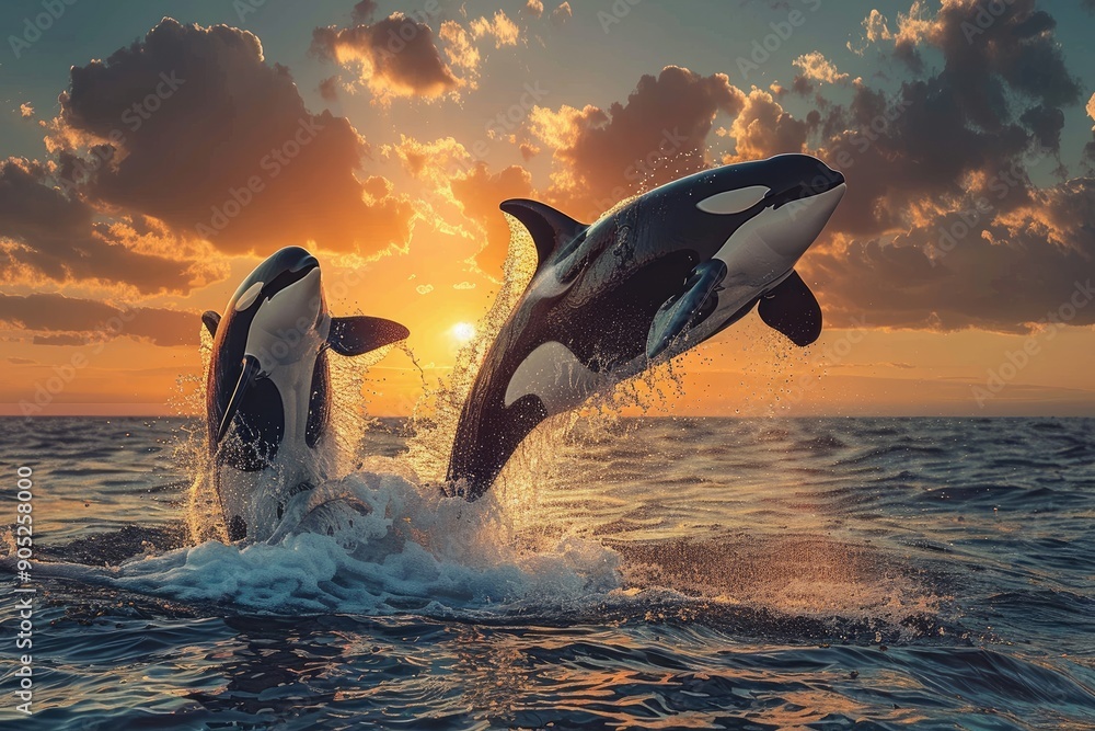 Fototapeta premium Group of killer whales jumping out of water at sunset