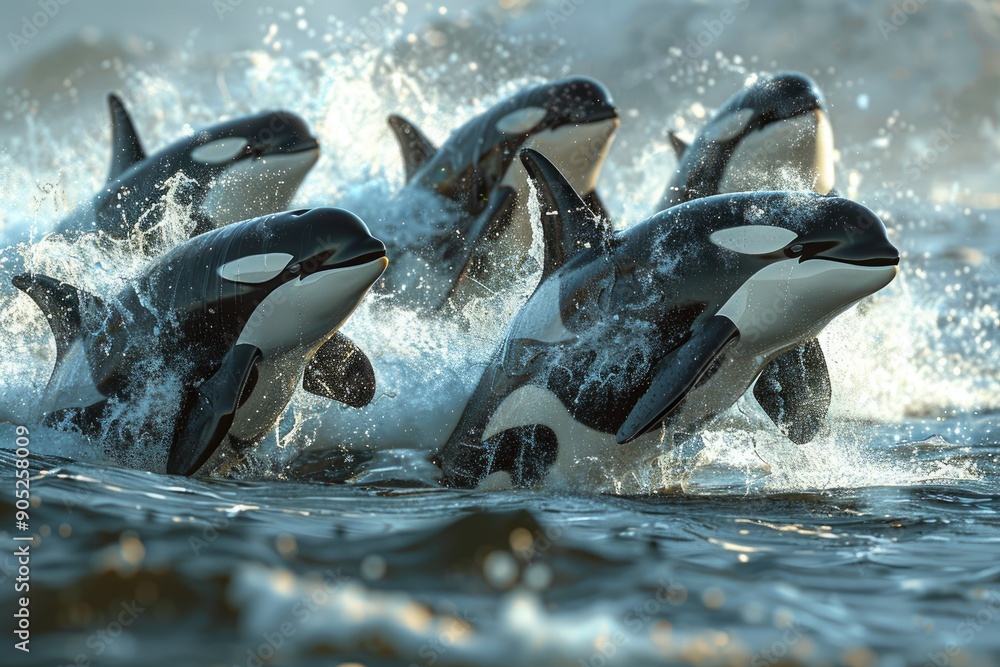 Family of killer whales jumping out of the ocean water Stock Photo ...