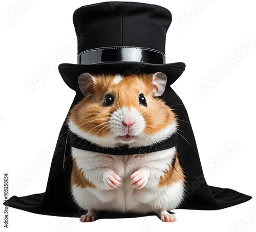 Adorable hamster wearing a black hat, sitting cutely and looking at the camera photo