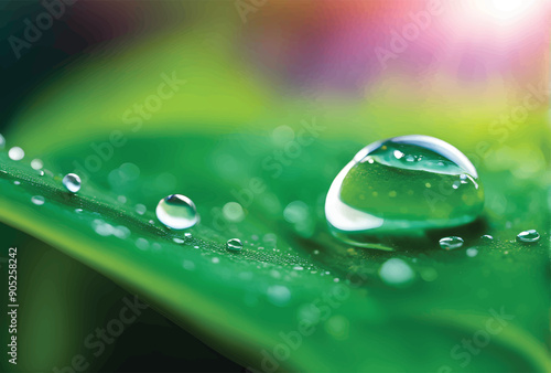 Large beautiful drops of transparent rain water on a green leaf macro. Drops of dew in the morning glow in the sun. Beautiful leaf texture in nature. Natural background