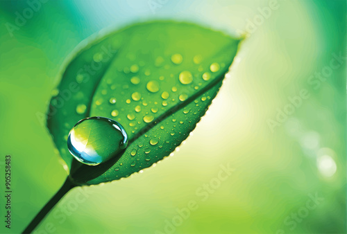 Large beautiful drops of transparent rain water on a green leaf macro. Drops of dew in the morning glow in the sun. Beautiful leaf texture in nature. Natural background
