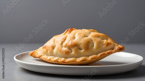 A solitary, golden brown empanada lays on a white dish against a grey background. photo