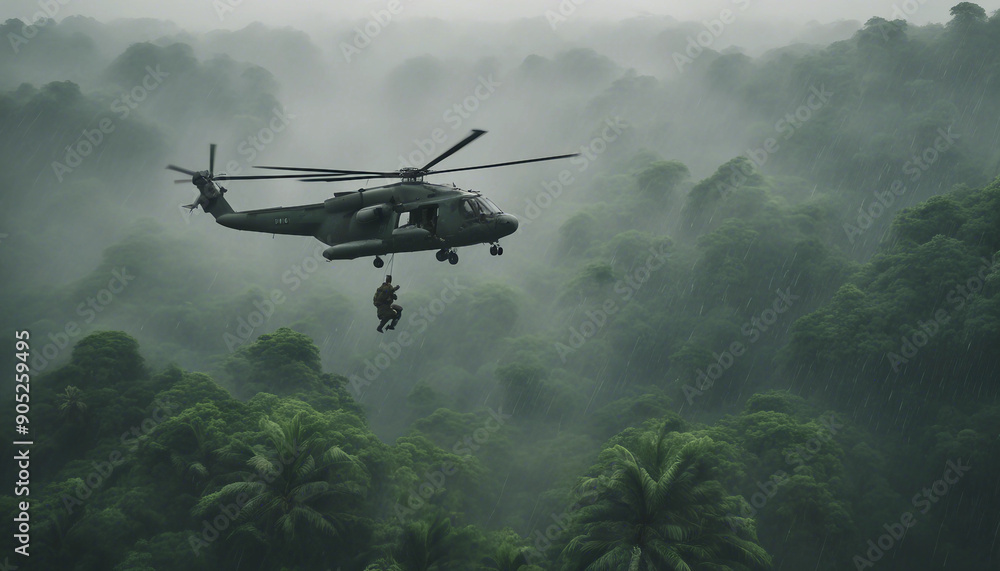 A military helicopter landing in a clearing in the Vietnamese jungle during a humid afternoon, with soldiers quickly jumping out and securing the perimeter.
A military helicopter landing in a clearing in the Vietnamese jungle during a humid afternoon, with soldiers quickly jumping out and securing the perimeter.