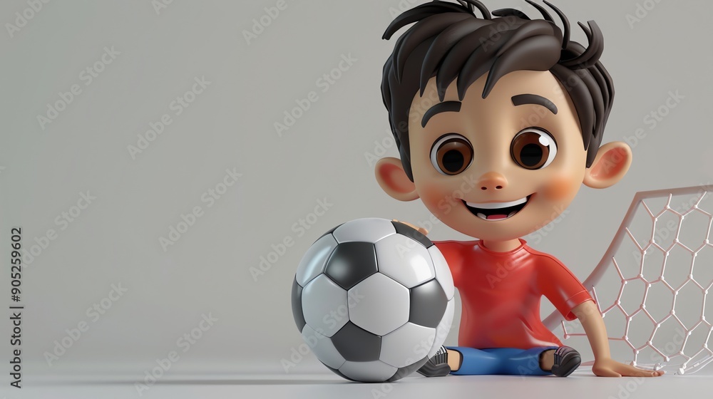 A 3D cartoon boy in a red shirt smiles while sitting with a soccer ball. A 3D cartoon boy in a red shirt smiles while sitting with a soccer ball.