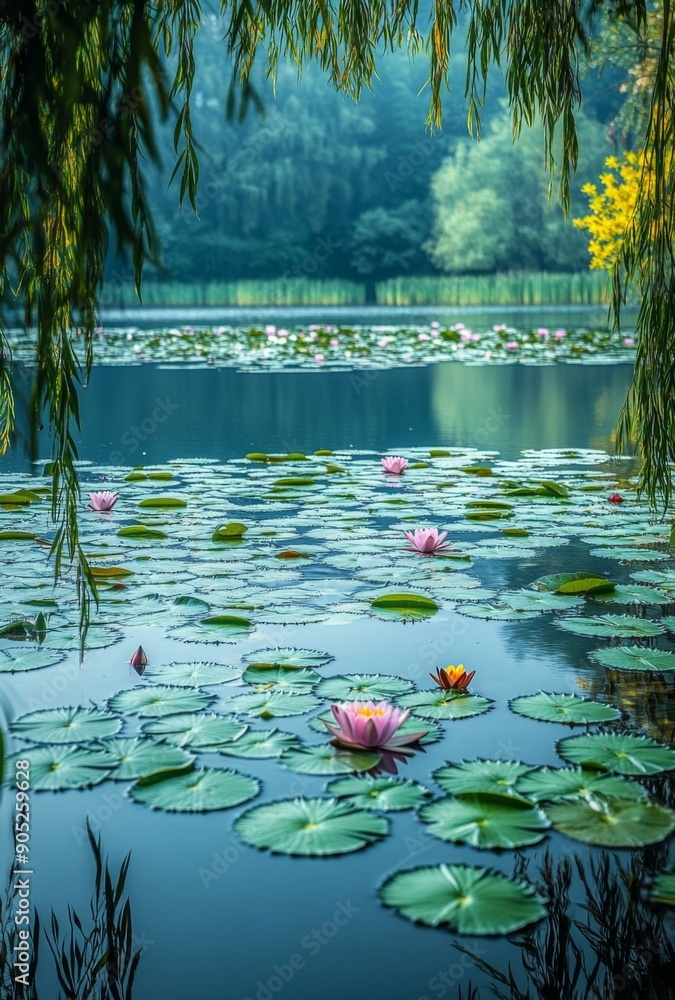A picturesque lake with lily pads dotting the water surface and reeds framing the scene, capturing the peaceful aquatic environment A picturesque lake with lily pads dotting the water surface and reeds framing the scene, capturing the peaceful aquatic environment