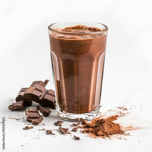 Medium shot of Glass of chocolate juice near the chocolate, isolated on a white background 