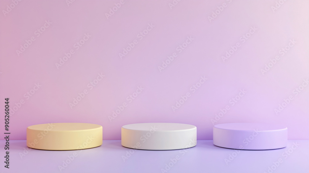 three pedestals in a minimalist summer setting in pastel yellow and purple colors three pedestals in a minimalist summer setting in pastel yellow and purple colors