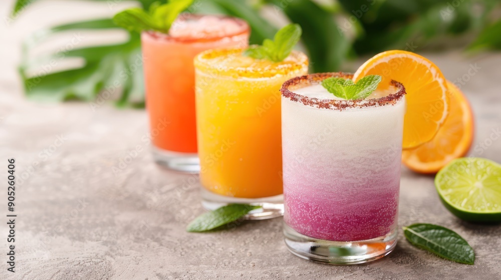 An artistic display of traditional Mexican drinks, such as horchata and agua fresca, with colorful garnishes An artistic display of traditional Mexican drinks, such as horchata and agua fresca, with colorful garnishes