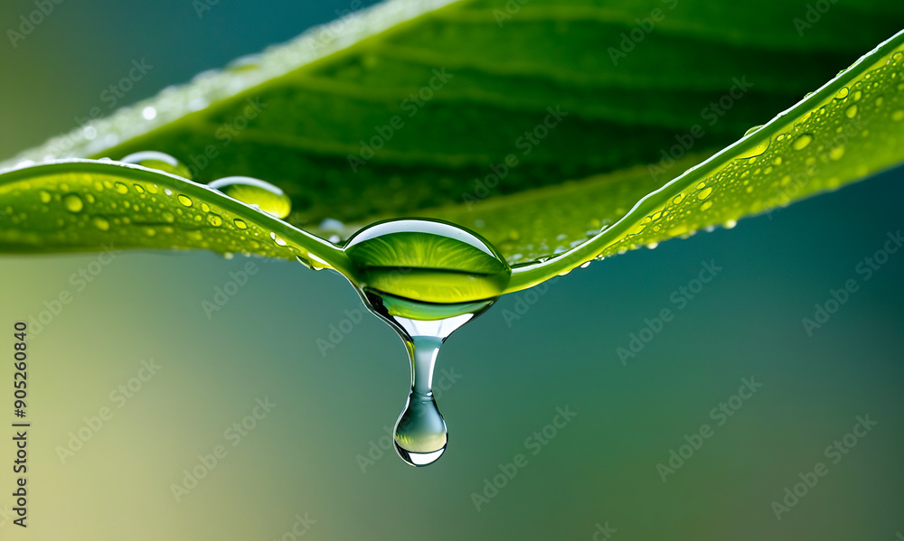 Fototapeta premium Closeup of water drop on green Leaf, Water dripping from a green leaf, Water droplet hanging on a green leaf