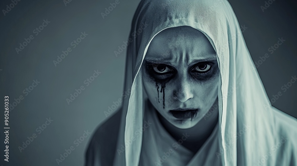 Haunting Ghostly Nun with Black Teardrops Halloween Scene Haunting Ghostly Nun with Black Teardrops Halloween Scene