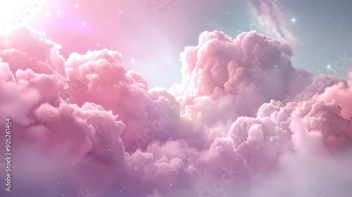 A pink cloud filled sky with stars and a bright sun