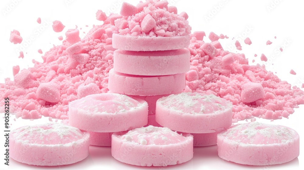 stack of round pink macarons sits on a white surface, surrounded by a delicate scattering of pink crumbs. stack of round pink macarons sits on a white surface, surrounded by a delicate scattering of pink crumbs.
