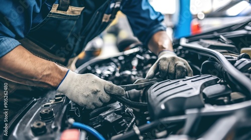 A mechanic works on a car engine, using pliers to adjust a wire