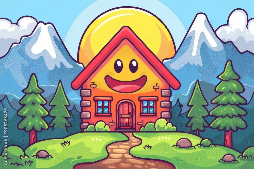 A colorful, cartoon-style house with a smiley face in a mountainous landscape, evoking a sense of adventure and happiness in a whimsical, playful setting. A colorful, cartoon-style house with a smiley face in a mountainous landscape, evoking a sense of adventure and happiness in a whimsical, playful setting.