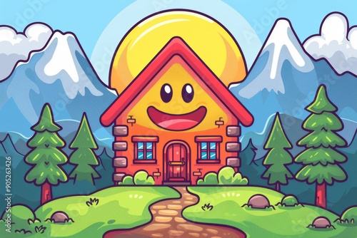 A colorful, cartoon-style house with a smiley face in a mountainous landscape, evoking a sense of adventure and happiness in a whimsical, playful setting.