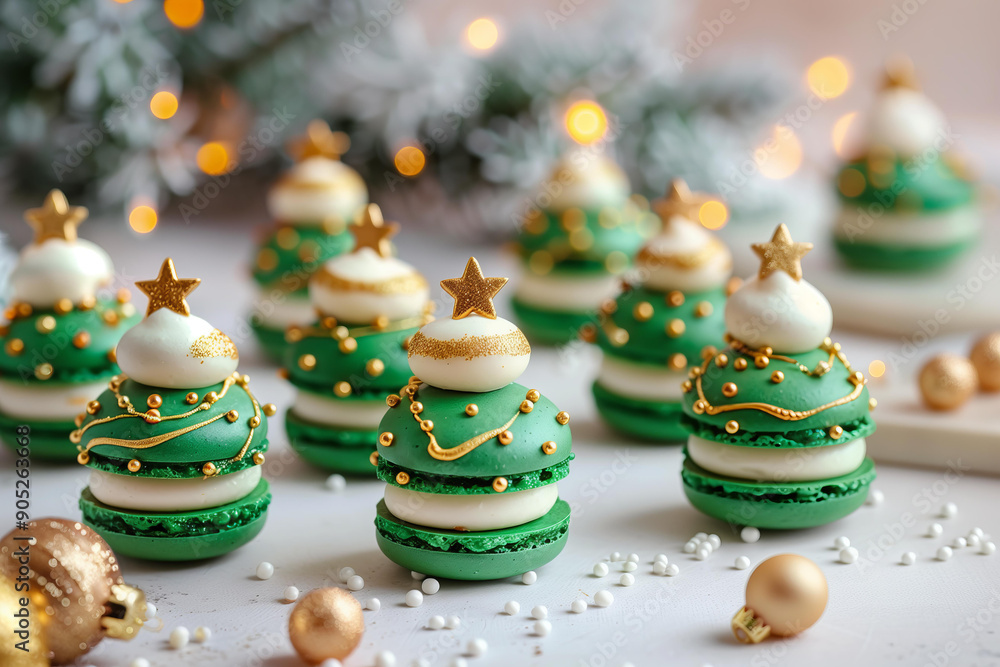 macarons in the shape of Christmas tree, emerald green , golden and white color palette, with gold sprinkles on top macarons in the shape of Christmas tree, emerald green , golden and white color palette, with gold sprinkles on top