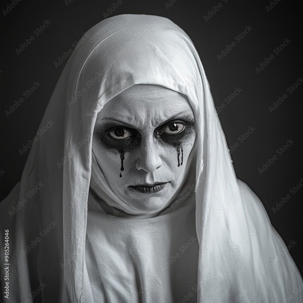 Haunting Ghostly Nun with Black Teardrops Halloween Scene Haunting Ghostly Nun with Black Teardrops Halloween Scene
