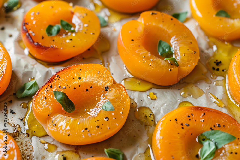 close up of halved and seared baked apricots with black pepper and herbs on parchment paper, placed in an elegant sheet pan with honey drizzled over the fruit close up of halved and seared baked apricots with black pepper and herbs on parchment paper, placed in an elegant sheet pan with honey drizzled over the fruit