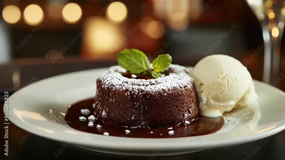 Chocolate lava cake with powdered sugar and a scoop of vanilla ice cream, garnished with a mint leaf, served on a white plate Chocolate lava cake with powdered sugar and a scoop of vanilla ice cream, garnished with a mint leaf, served on a white plate