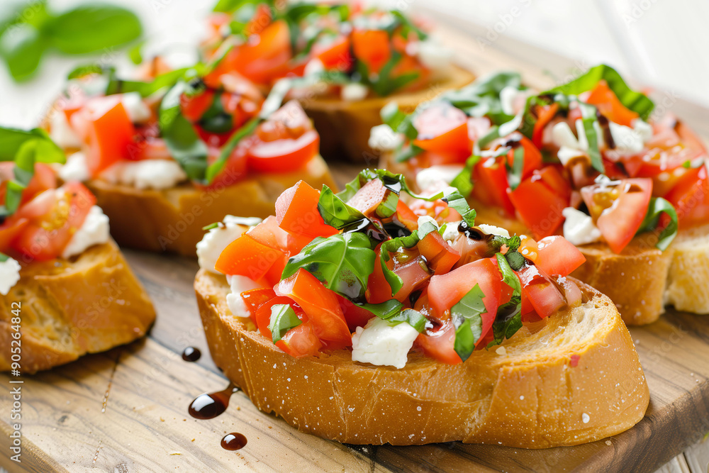 classic bruschetta with fresh tomatoes, basil and goat cheese on golden tostini bread classic bruschetta with fresh tomatoes, basil and goat cheese on golden tostini bread