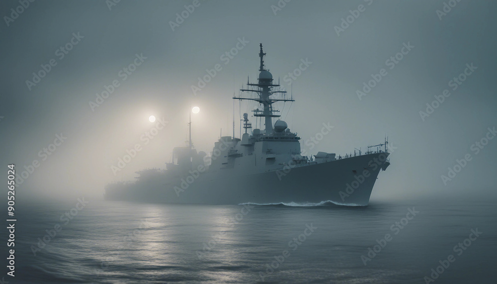 A naval destroyer navigating through a thick fog, with only the ship’s lights cutting through the gloom, while the sea swells ominously around it.
A naval destroyer navigating through a thick fog, with only the ship’s lights cutting through the gloom, while the sea swells ominously around it.
