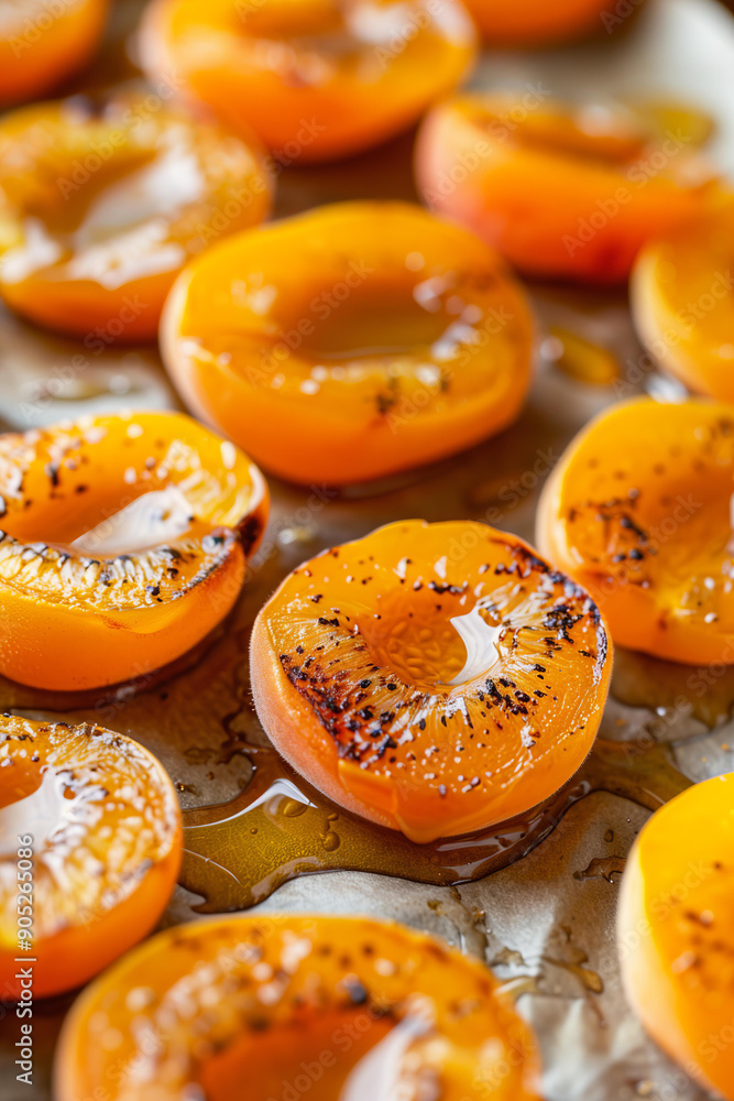 close up of halved and seared baked apricots with black pepper and herbs on parchment paper, placed in an elegant sheet pan with honey drizzled over the fruit close up of halved and seared baked apricots with black pepper and herbs on parchment paper, placed in an elegant sheet pan with honey drizzled over the fruit
